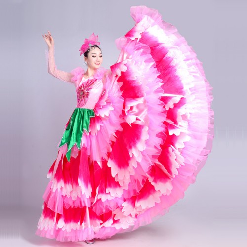 Light pink petals long sleeves fashion women's female chorus opening dancing flamenco spanish folk bull dancing dresses